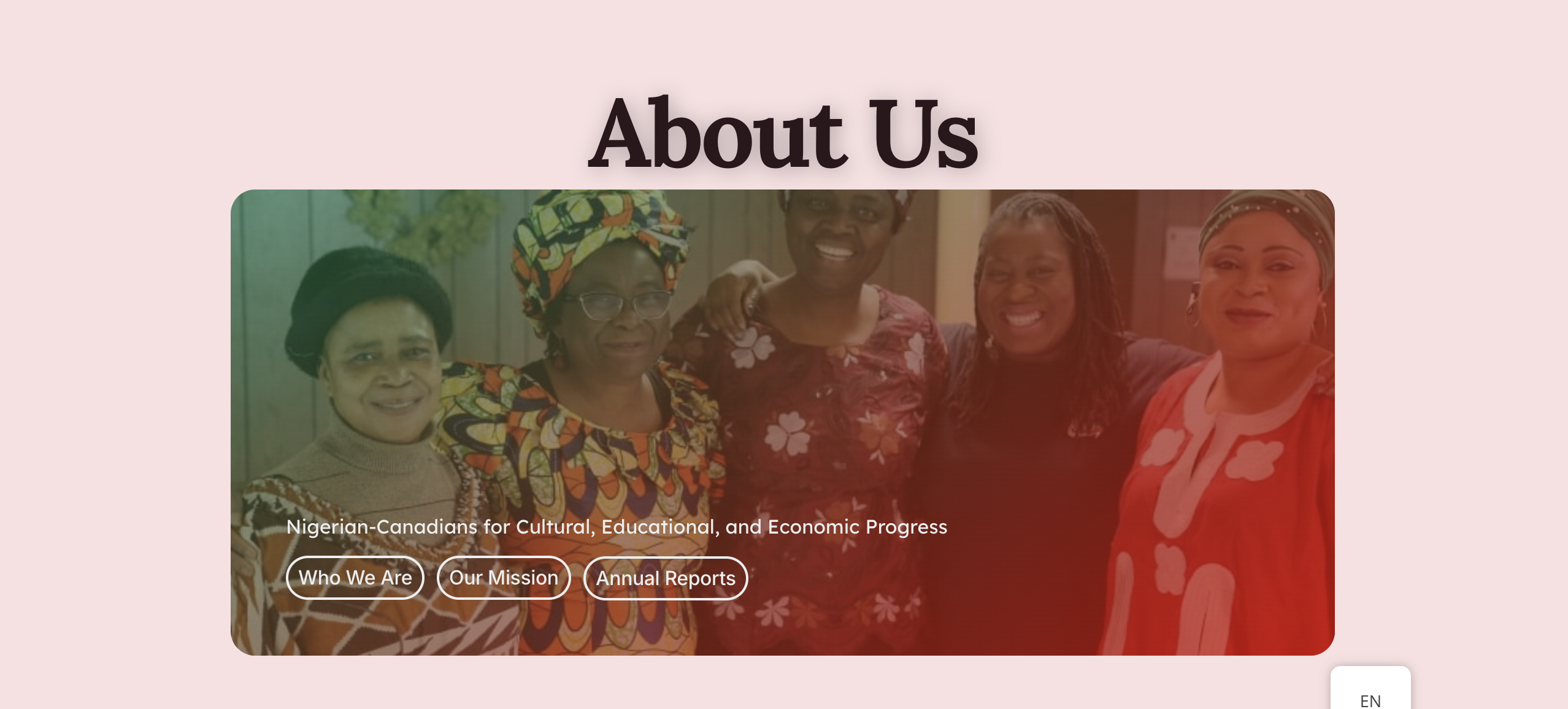 The NCCEEP About Us section, with a group portrait and pill-shaped sub-navigation over a soft pink background.