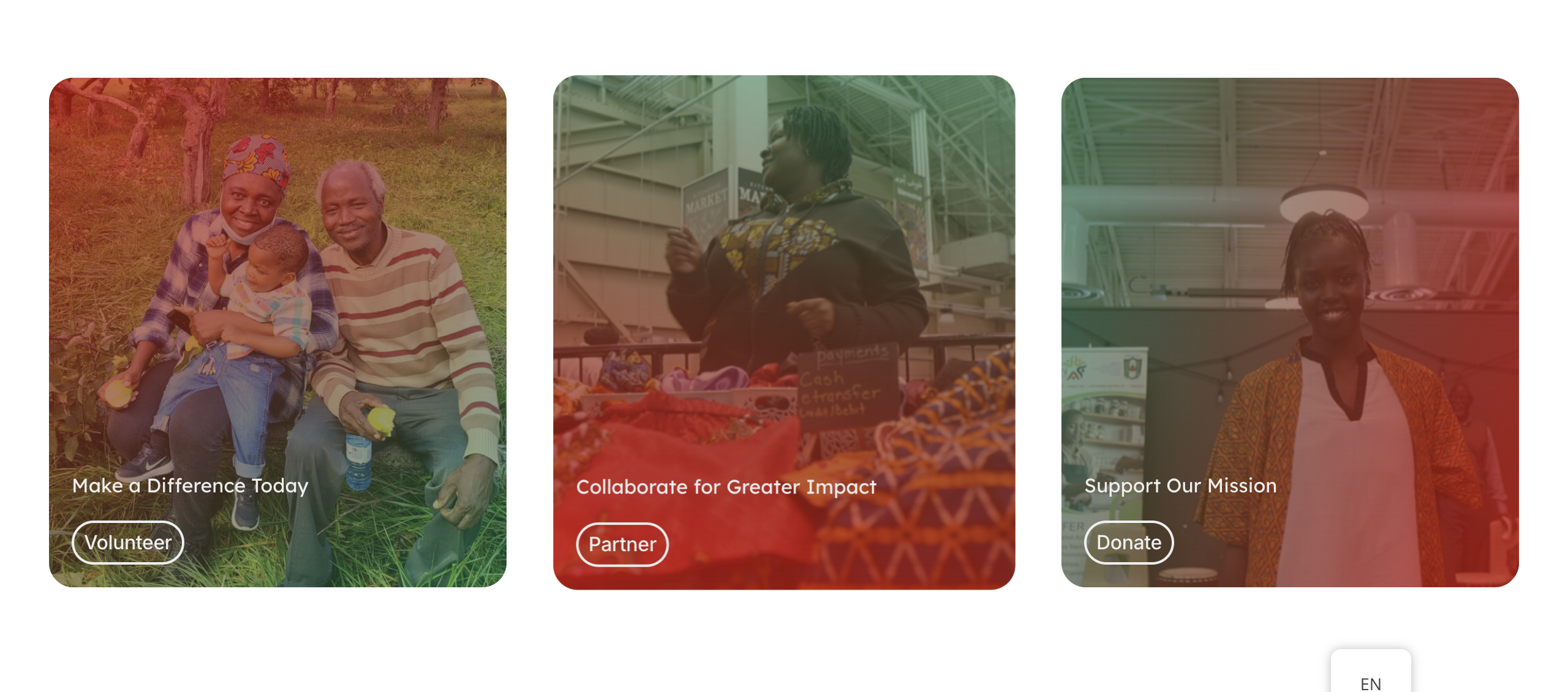 Three NCCEEP call-to-action cards arranged in a row: Volunteer, Partner, and Donate, each tinted in a green-to-red gradient over photography.