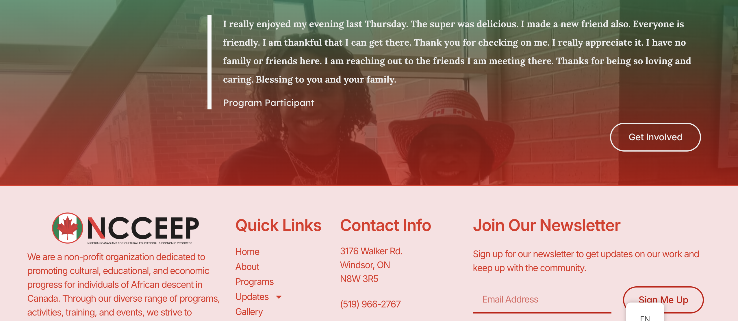 A program-participant testimonial above the NCCEEP footer.